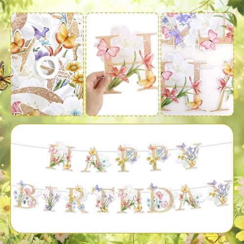 Image of Flower Butterfly Happy Birthday Banner Boho Wildflower and Butterflies Baby Banner Flower Birthday Decorations for Women Kids Girls Party Supply
