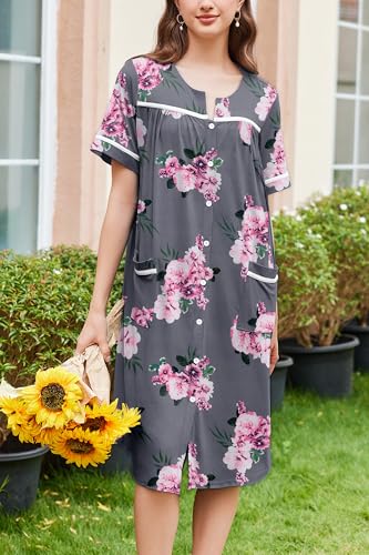 Image of Ekouaer Nightgowns for Women Hospital Gown with Pockets Button Down Sleep Shirt Short Sleeve Sleepwear Pajama Loungewear Grey Flower Large