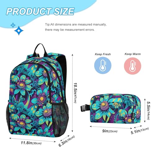 Backpack Lunch Bag Set for Travel Hiking Picnic, Blue Flowers Print Backpacks with Insulated Lunch Box2