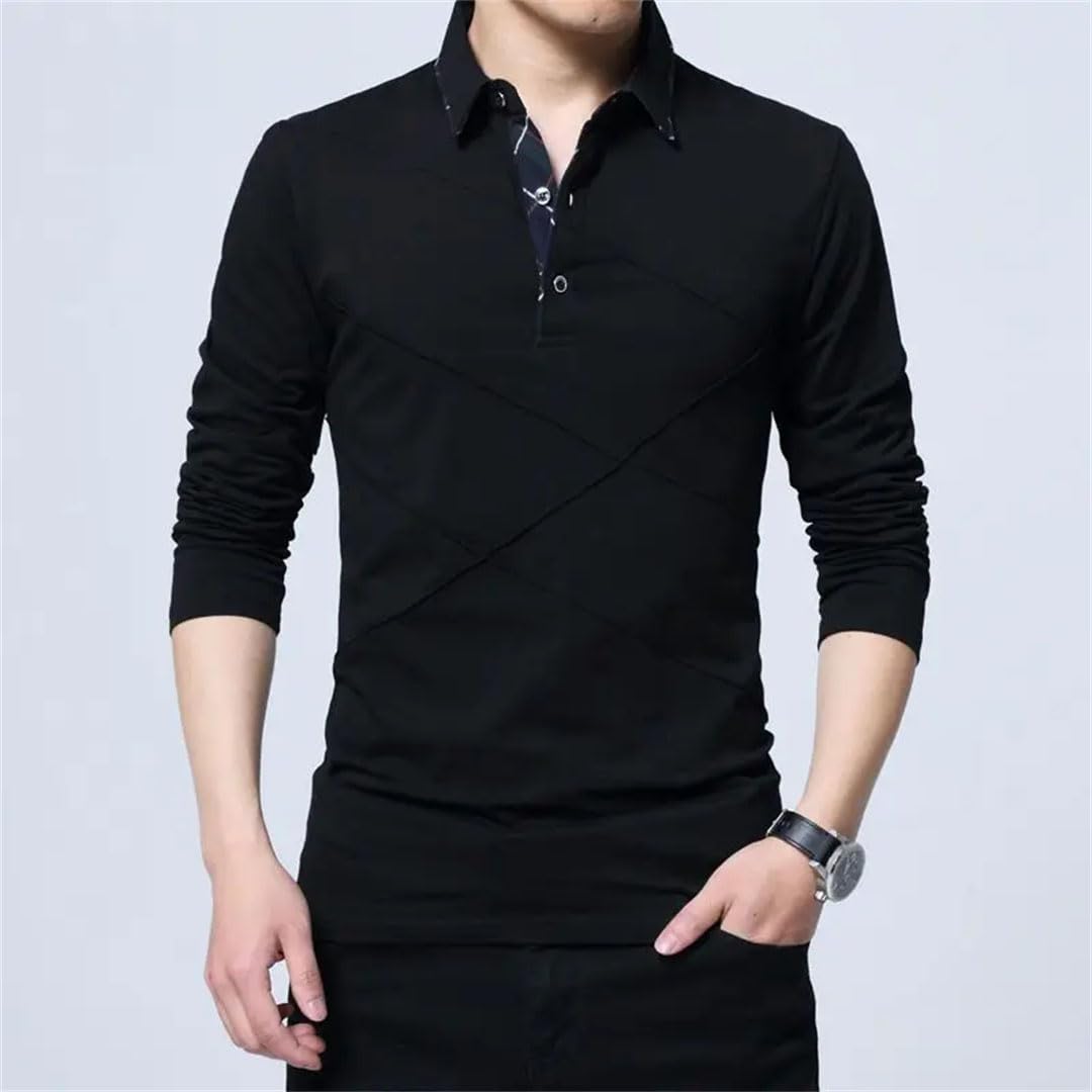 Polo de algodón sólido con solapa y botones para hombre, impresión de letras coreanas, camiseta de manga larga