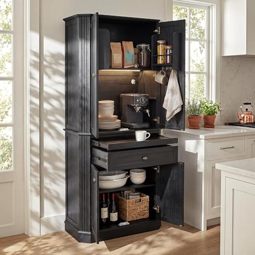 Image of 72.2 inch Tall Kitchen Pantry Cabinet with Doors, Farmhouse Storage Cabinet with Charging Station & LED Light, Drawer, Adjustable Shelves and Pull-Out Shelves, Black Wood Pantry Cupboard for Dining Room