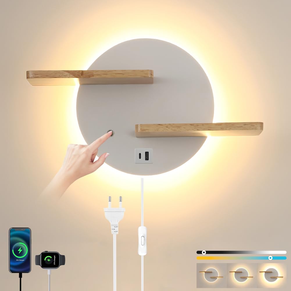 KZT Applique murale avec port de charge USB, contrôle tactile, à intensité variable, avec prise et câble, 15 W, lampe de chevet, éclairage mural pour chambre à coucher, salon, chambre d'enfant