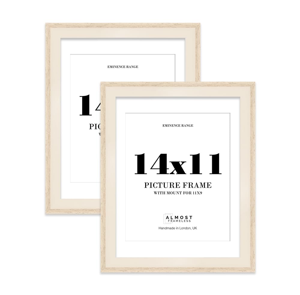 14x11" Oak Picture Frame with 11x9" Mount - Shabby Chic Photo Frame with Distressed Finish, Wall Hooks and Kickstand, 32mm Edge - 2 Pack