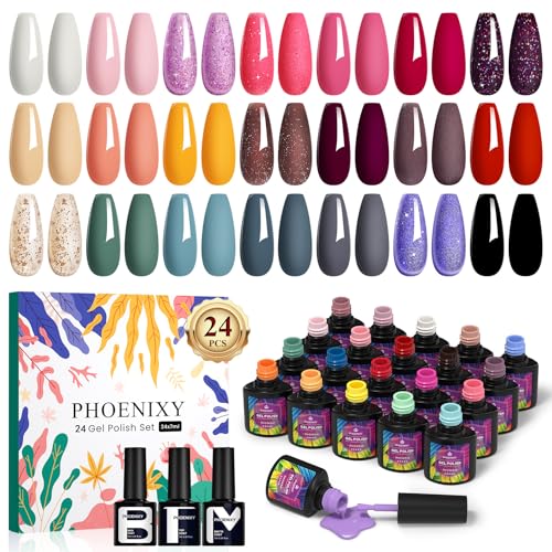 Phoenixy 24Pcs Pintauñas Semipermanentes, 7ml 21Colores Esmaltes Semipermanentes con Capa Base Capa Superior y Mate, Esmaltes Semipermanentes para Uñas con Rojo, Negro, Morado, Azul
