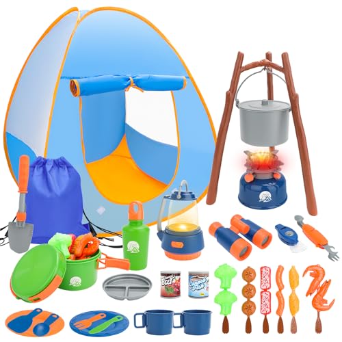deAO Kids Camping Toys Set with Pop Up Play Tent,32 PCS Outdoor Pretend Camping Toys with Light & Spray for Kids Boys Girls Age 3 4 5 6, Gift for Kids