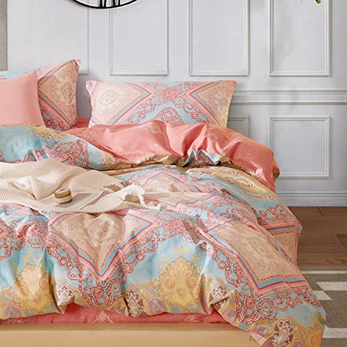 SAPHREAS Boho Duvet Cover Set 100% Cotton 3 piece Bohemian Bedding for All Seasons Pink Cover Set 1 Duvet Cover 2 Pillow Shams Double Size - Image 3