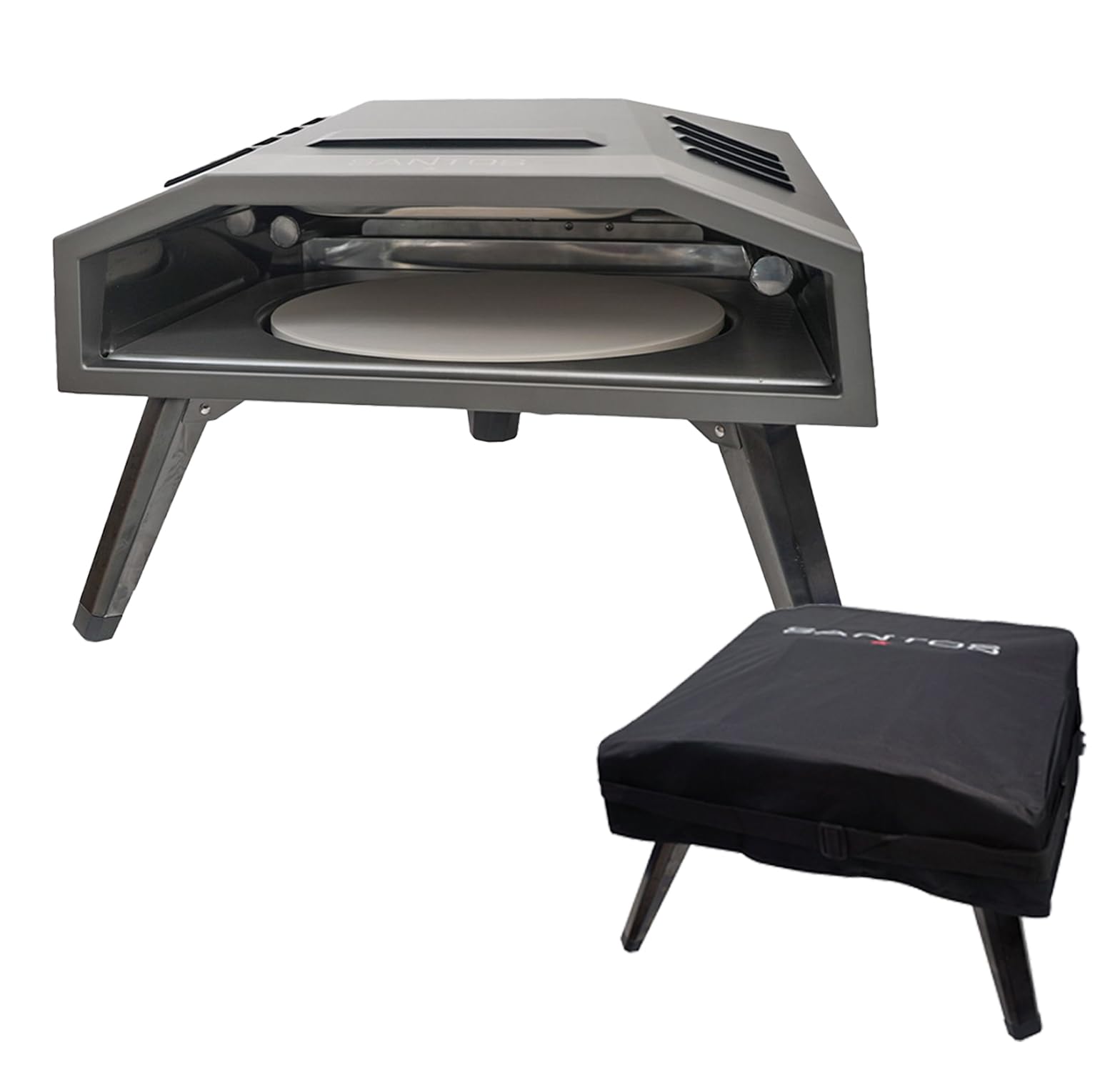 SANTOS Forno per pizza O-160 – con innovativo piatto girevole per pizza e bruciatore a U – pietra per pizza Ø 37 cm – doratura a 360° – forno per pizza a gas – inclusa copertura