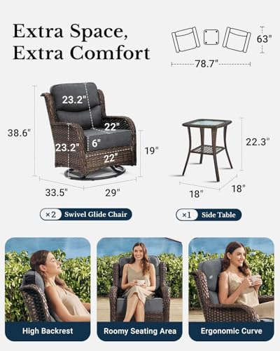 HILLGA Luxury Patio Furniture Set with 6-inch Thick Cushion, Outdoor High Back Swivel Rocker Patio Chairs, 3PCS Wicker Conversation Set for Deck Yard and Poolside, Dark Grey (V2)