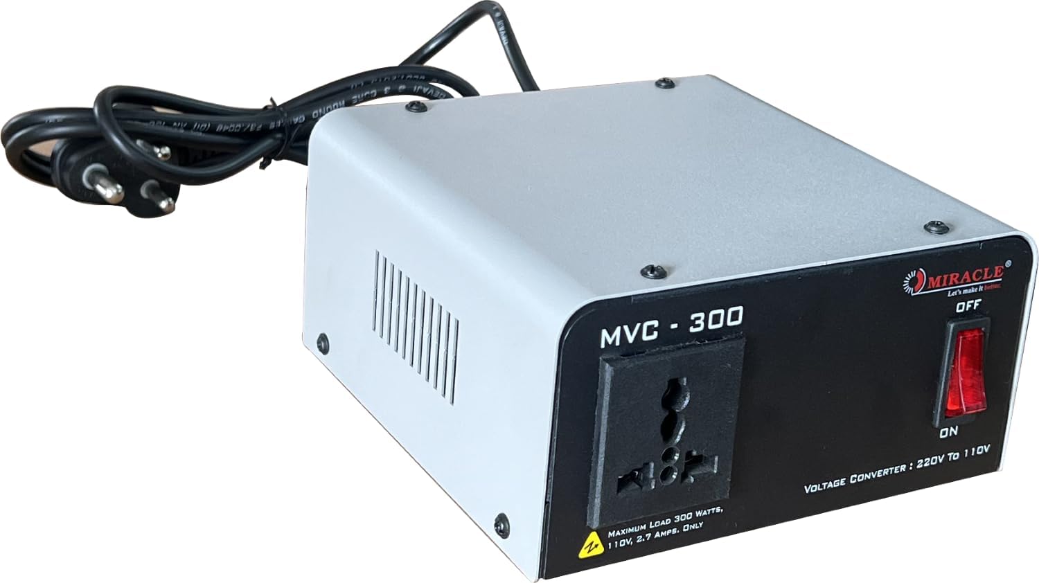 Miracle 300W Step Down Transformer 220V to 110V Voltage Converter, ISO 9001:2015 Certified, 15x15x8 cm, 1x110V Socket, 1-Year Warranty for US, Taiwan, Canada Products in India