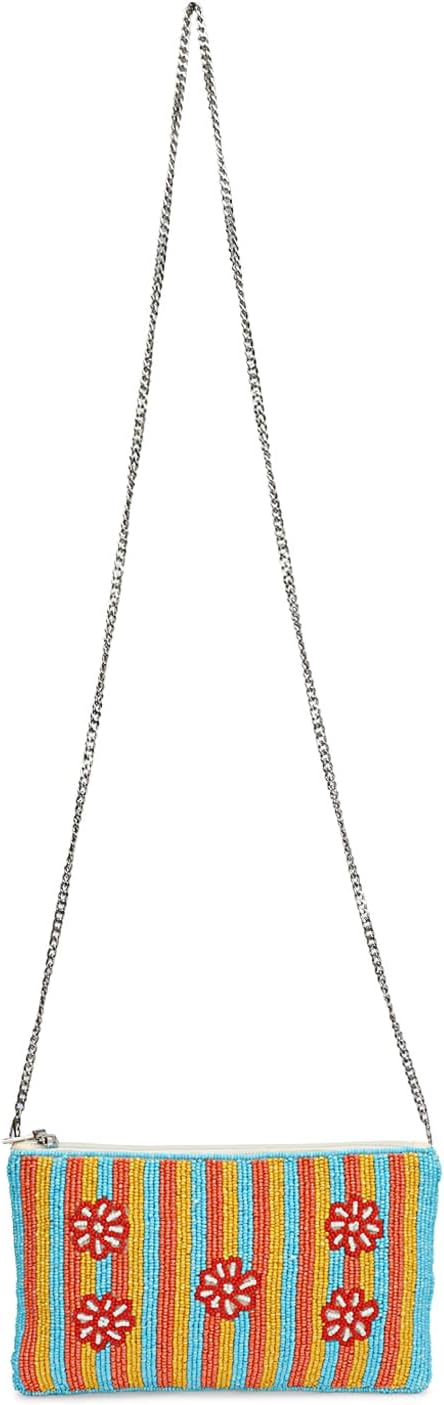 LONGING TO BUY Beaded Crossbody Clutch Bag, Multicolor Striped with Floral Embroidery, Women's Evening Handbag, 8x5Inch, with Detachable Silver Chain Strap