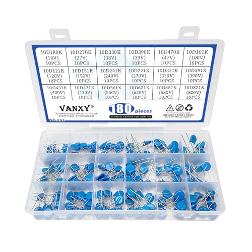 18Values 180PCS 10D Varistor 18V-820V Voltage Dependent Resistors Kit 10D390K 10D470K 10D820K 10D151K 10D271K 10D391K 10D431K 10D471K 10D561K Radial Lead Disc Varistors