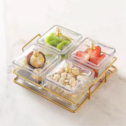 Dreamhousey Living Room Multi Division 4-grids Fruit Plate+Iron frame/Set, Dried Fruit nut Bowl Snack Dessert Candy Service Tray Platter Storage Box with lid (Transparent, 4-grids)