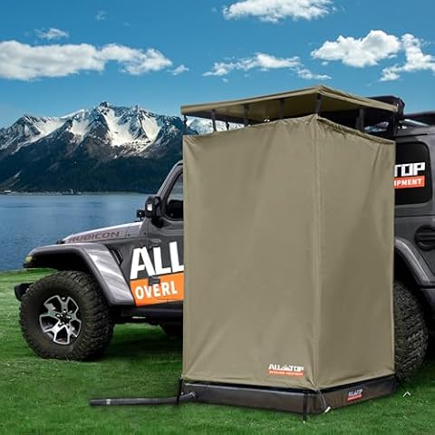 ALL-TOP Awning Shower Room w/Foldable Floor Mat, 3.3ft x 3.3ft, Privacy Shelter Restroom w/Roof, LED Light, Drain Pipe, Carside Bathroom Cover