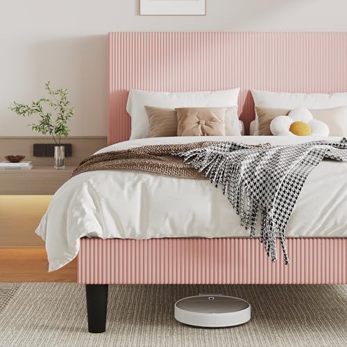 Image of Allewie Queen Bed Frame, Corduroy Tufted Headboard, Light Pink | Soft Corduroy Fabric, Adjustable Headboard, 900 lb Capacity, Wooden Slats, No Box Spring Needed, Easy Assembly