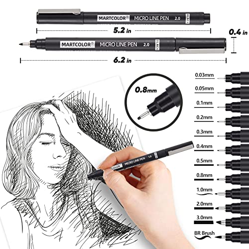 Martcolor 12 Size Micro-Pen Fineliner Ink Pens, Black Waterproof Archival Inking Markers, Multiliner Pen, Illustration Pen, Art Pen For Sketch, Watercolor, Anime, Manga, Technical Drawing #TOP1