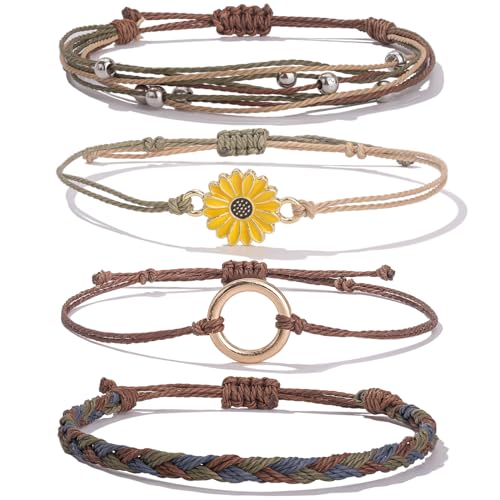 FANCY SHINY Sunflower String Bracelet Handmade Braided Rope Charms Boho Surfer Bracelet for Women Easter Gifts