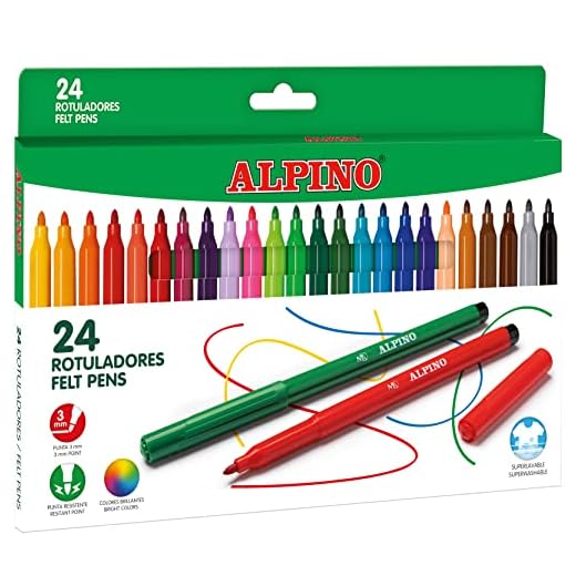 Alpino 24 Rotuladores de Colores Brillantes | Rotulador de Punta Resistente de 3mm para Colorear | Tinta Súper Lavable y de Larga Duración | Estuche de Rotuladores | Material Escolar