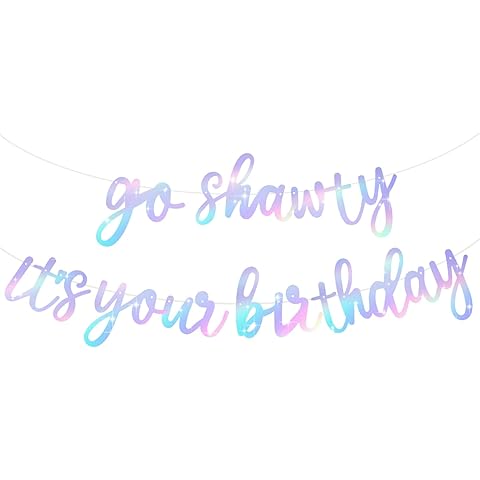 BEISHIDA Iridescent Go Shawty It's Your Birthday Banner - NO DIY - Hip Hop Theme Glitter Happy Birthday Banner - Pre-Strung - Black Rap Theme Happy Birthday Sign for Man Women birthday Party Supply