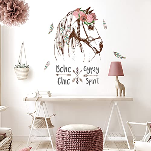 WandSticker4U®- stickers muraux fille Tête de cheval Dessin (56x90 cm) I fleurs affiche Boho Chic-style animaux autocollants décoratifs I sticker mural pour chambre d'enfant bébé crèche Princesse