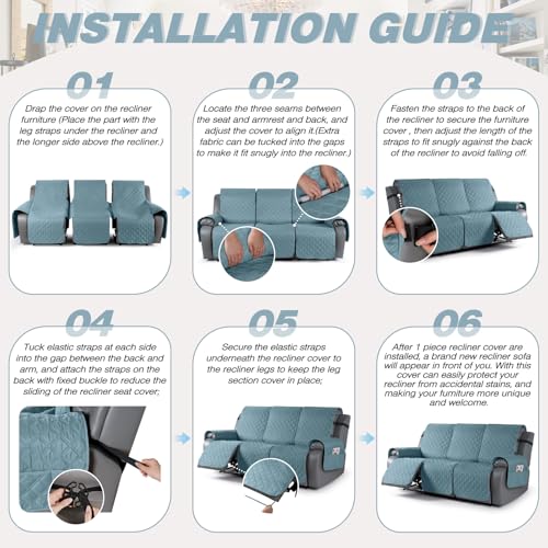 Image of TAOCOCO 100% Waterproof Recliner Covers, Recliner Sofa Covers with Leg Straps, Reversible Recliner Couch Cover for Reclining Chair, Washable Couch Protector for Pets Kids(3 Seater, Sky Blue)