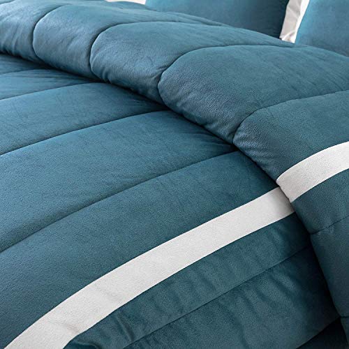 Kasentex Luxury Velvet Plush Fleece Micromink Down Alternative Comforter Set With Stripe Design Soft Bedding, Reversible And Machine Washable(Oxford Blue, Queen Size Comforter Set) #TOP4