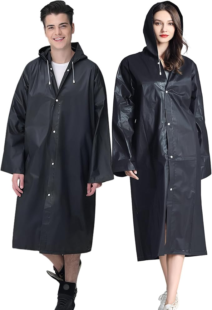 Rain Ponchos for Adults Reusable 2 Pcs Raincoats Emergency for Women Men with Hood and Drawstring (UAE/KSA Alpha One Size Regular Regular Black)
