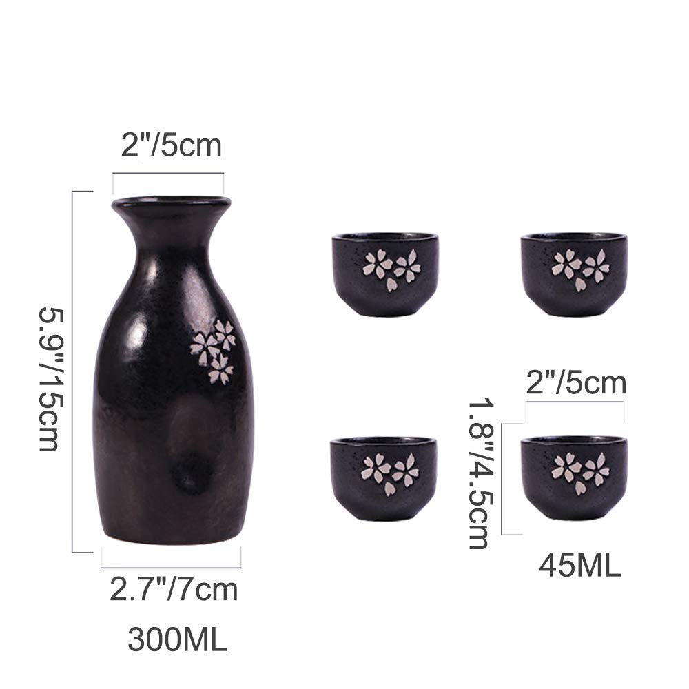 MRKU Service à saké 5 pièces, Ensemble de Tasses à saké japonaises, Tasses en céramique au Design Noir peintes à la Main Traditionnelles, Texture pittoresque, pour thé Shochu Chaud et Froid, Meilleur