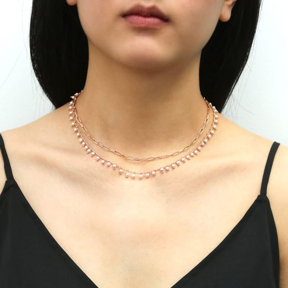 BERRICLE Imitation Pearl Station Necklace for Women 14.5 inch (Rose Gold Flashed, Yellow Gold Flashed, Rhodium Plated)