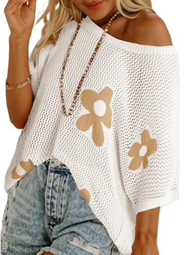 Womens Off Shoulder Tops 3/4 Sleeve Summer Crochet Pullover Sweaters Hollow Out Floral Printed Knitted Top2