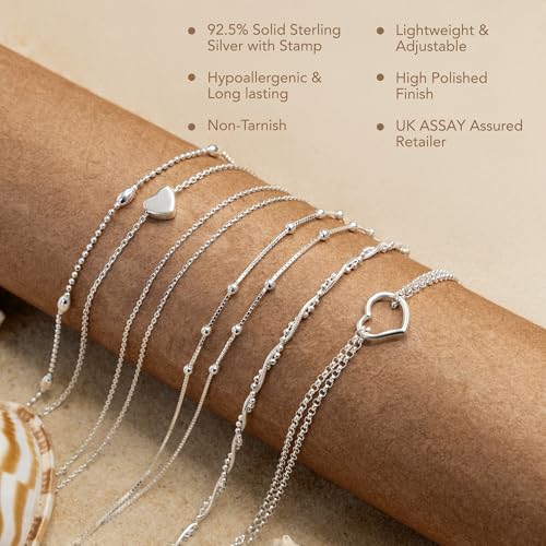 Image of Amberta Italian Sterling Silver Anklet for Women 925 | Adjustable Ankle Bracelets for Women Beaded Heart Summer Jewellery