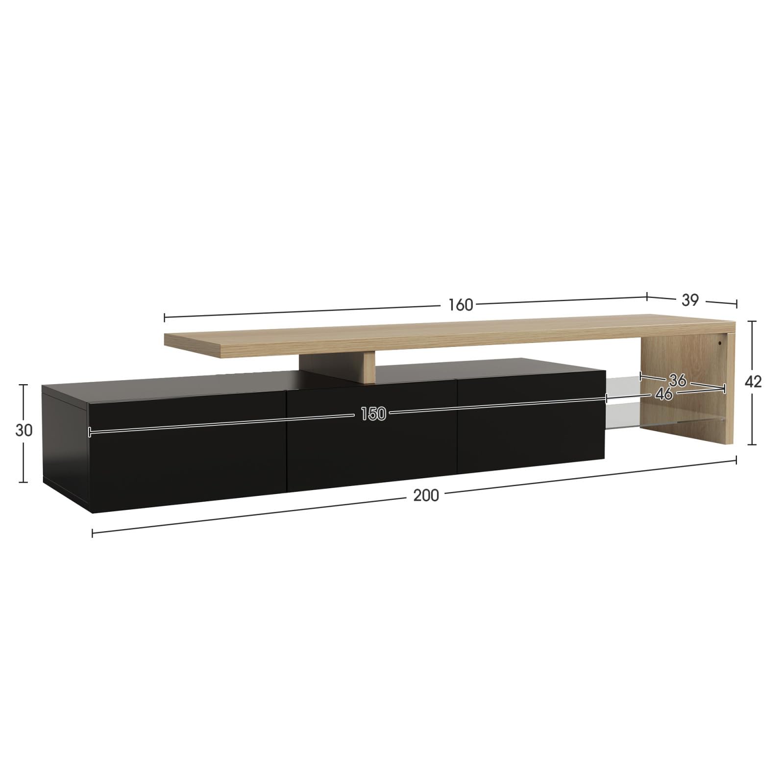 TV Lowboard mit Stauraum, Fernsehtisch mit 3 Türen und Glasablage, TV Bank für Fernseher bis zu 85 Zoll, Fernseh Sideboard für Wohnzimmer, Schwarz, 200x39x42cm