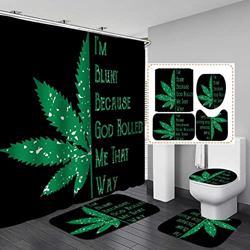 Jayden Madge 4PCS Marijuana Shower Curtain Set, Cool Quotes Psychedelic Hippie Trippy Green Cannabis Leaf Ganja Weed Bathroom Decor Waterproof Black Fabric Shower Curtain, Non-slip Bath Mat, I'm Blunt