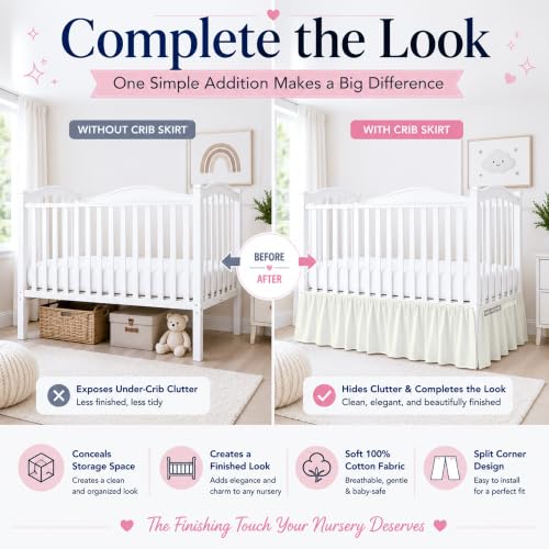 Image of Crib Bed Skirt Dust Ruffle with Split Corners Cotton, 14 inch Drop, Ivory | Nursery Standard Crib Bedding Bed Skirt for Baby Boys and Baby Girls. Hides Under-Crib Storage for a Neat Appearance