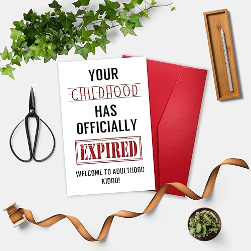 Image of Funny 18th Birthday Card for Him Her - Sarcastic 'Your Childhood Has Expired' Design, Adulting Gift for Son Daughter Best Friend