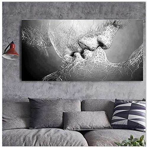 Jin Yi Global Cuadro en Lienzo Impresión Abstracta Blanco y Negro Beso de Amor Póster Imágenes Inicio Dormitorio Sala de Estar Decoración de Arte de Pared 70x140cm (27.6