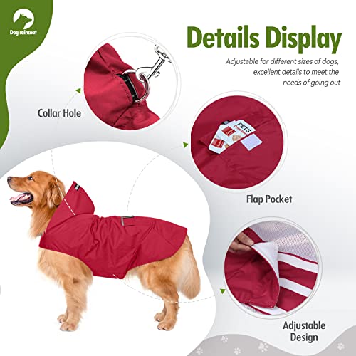 Zellar Hunderegenmantel mit Kapuze & Kragenloch & Sicheren Reflektierenden Streifen, Ultraleichte Atmungsaktive 100% wasserdichte Regenjacke für Mittelgroße bis Große Hunde, Rot, 3XL