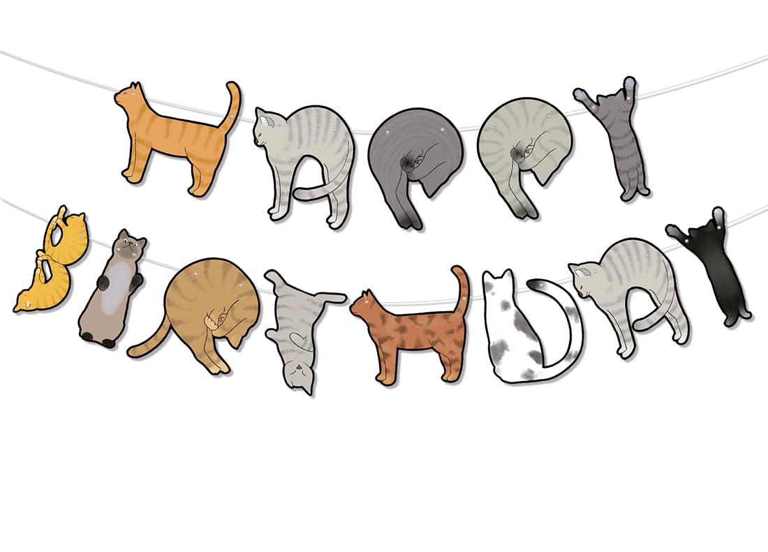 Birthday Decorations Pre-Strung Happy Birthday Cat Banner Funny Kitties Bday Party Decor Supplies Favors