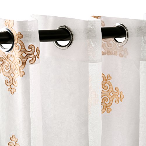 Superior Quality Lightweight Embroidered Damask Sheer Stainless Grommets Window Treatment Curtain Panel (Set Of 2) 52" X 108" - Gold #TOP1