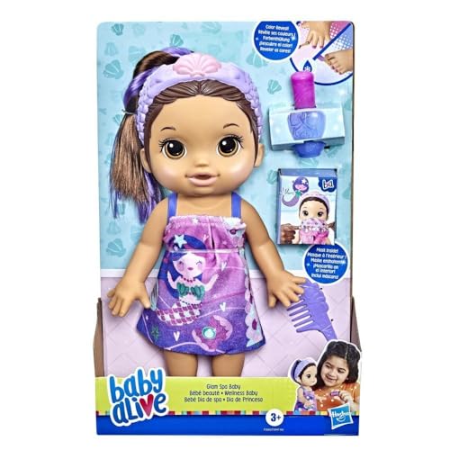 Baby Alive Glam Spa Baby Doll, Mermaid, Makeup Toy for Kids 3 and Up, Color Reveal Mani-Pedi and Makeup, 12.6-Inch Waterplay Doll, Brown Hair