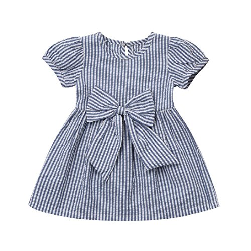 Kehen Infant Baby Girls Party Princess Clothes Short Sleeve Stripes Dress with Bows (Blue, 0-6 Months)