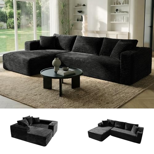 Nordivale 106" Cloud Couch L-Shape Corduroy Sofa Black