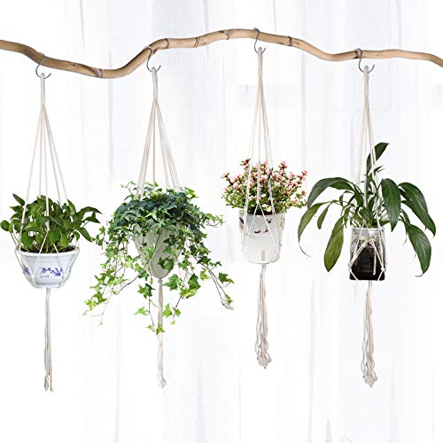 WD&CD 4 stuks macramé plantenhangers met 4 hangende haken, indoor outdoor plantenpot katoenen touwhanger handgemaakte hangende plantenmand katoenen touwhouder (40 inch beige)