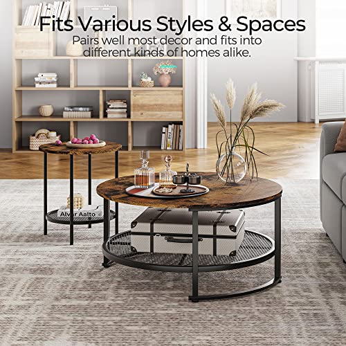 Linsy Home Round Coffee Table And End Table Set For Living Room, Industrial Coffee Table With Open Storage, Rustic Wood Surface Top & Sturdy Metal Legs Large Circle Coffee Table, Brown And Black #TOP4