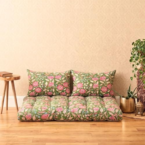 Image of Low Seating Floor Cushion 70 x 110 cm with 2 Back Support Cushions Thick Quilted Cotton Floor Mattress Pad | Floral Printed Gadda for Sitting Meditation, Yoga & Living Room Floor Seating (Pink Floral)