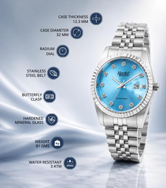 Image of Ajanta Quartz Avenza Women Analog Watch| Stainless Steel Bracelet Strap | Day & Date Display | Water Resistant | Formal & Casual Wrist Watch for Women