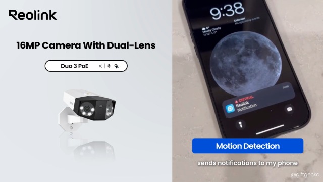 Reolink Duo 3 WiFi Telecamera Di Sicurezza 16MP UHD 180° Con Wi-Fi 6, Motion Track, Rilevamento Smart, Faretti E Sirena, Visione Notturna, IP67 E MicroSD 512GB