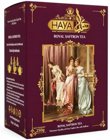 Haya Royal Saffron Loose Tea โ 250g Pure Ceylon Black Tea with Iranian Saffron โ Organic Long Leaf, Antioxidant-Rich, Caffeine-Free โ Premium Tea Box