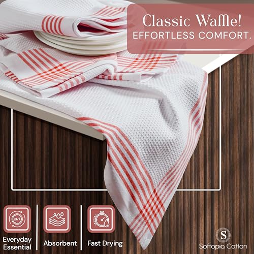 Image of Waffle White & Red Kitchen Dish Towels, Set of 4, 100% Cotton 16x26 inches, Absorbent Tea Towel, Multi-Purpose Hand Cleaning Towel, Strong and Reusable Dish Cloths for Drying Dishes