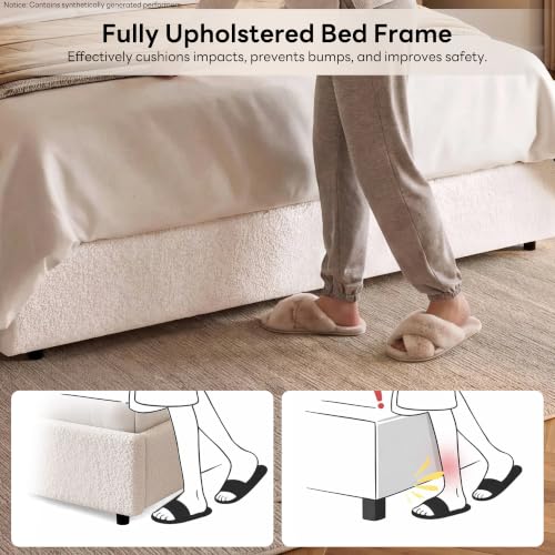 Image of LIKIMIO Queen Upholstered Bed Frame with 4 Storage Drawers, White Boucle | 41 inch /43 inch Height-Adjustable Headboard, With Under-Bed Drawers, No Box Spring Needed
