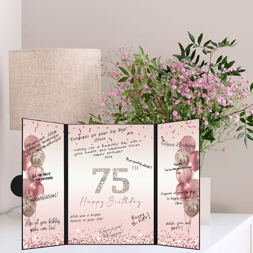 Image of DARUNAXY Rose Gold 75th Birthday Party Decorations for Women, Happy 75th Birthday Alternative Signature Guest Book Black Pink 75 Birthday Signing Card Board Party Supplies Cheers to 75 Years Old Gift